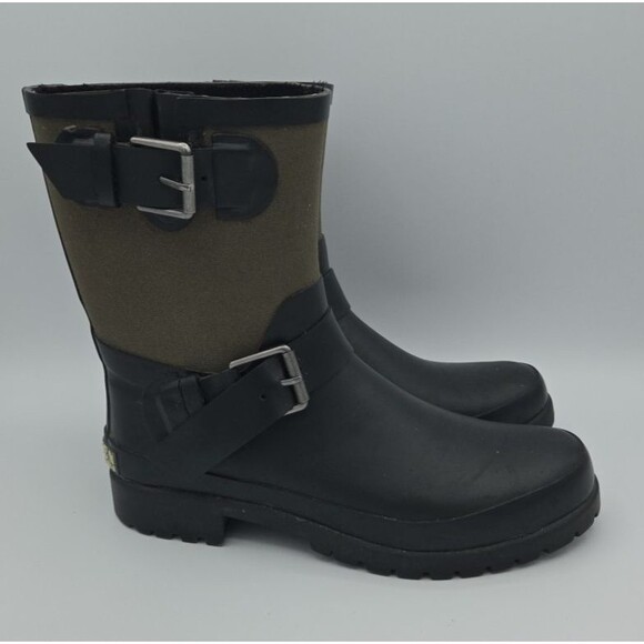 Ralph Lauren Rain Rubber Moto Style Green + Black Boots Calf High 7B Mora II EUC - Picture 6 of 9